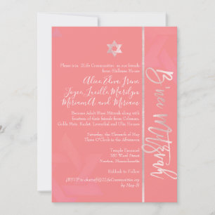 PixDezines B'Nei Mitzvah, Blush+Coral Invitation