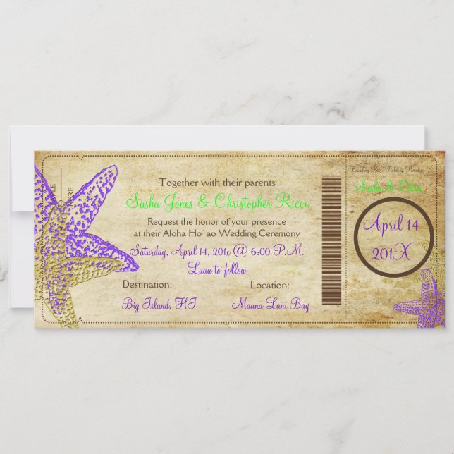 PixDezines Boarding Pass+Beach, Purple Starfish Invitation (Front)