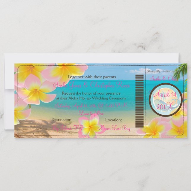 PixDezines Boarding Pass Pink Plumerias+beach Invitation (Front)