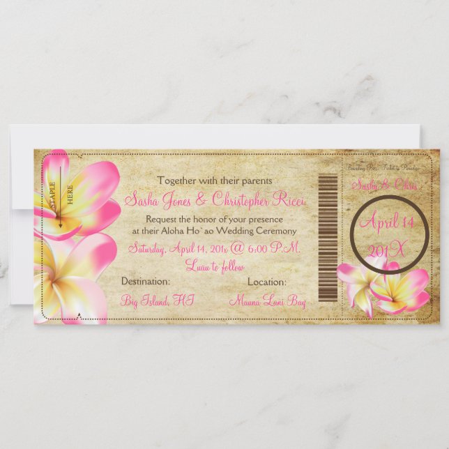 PixDezines Boarding Pass Pink Plumerias Invitation (Front)