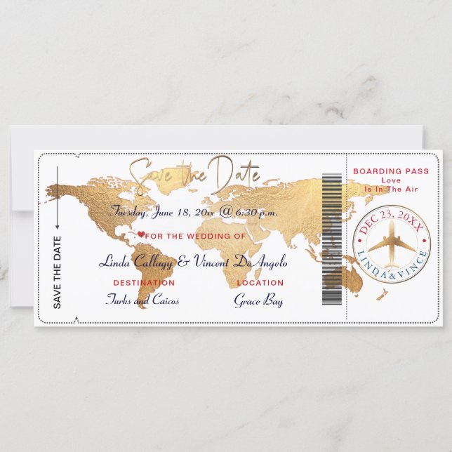 PixDezines Boarding Pass Save the Date, World Map Invitation (Front)