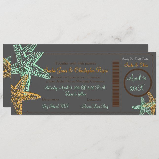 PixDezines Boarding Pass+Starfish+Beach Wedding Invitation (Front/Back)