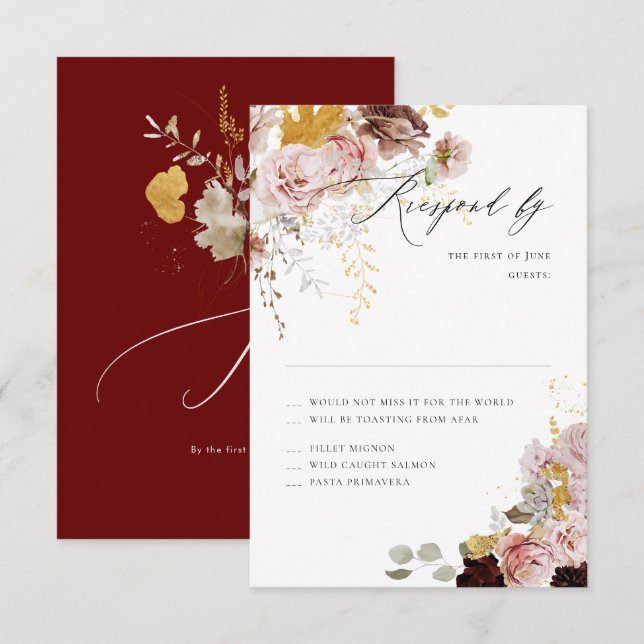 PixDezines Boho Autumn Flowers Blush Burgundy RSVP (Front/Back)