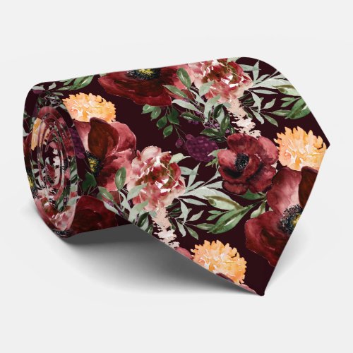 PixDezines Boho Blush Burgundy Watercolor Flowers  Neck Tie