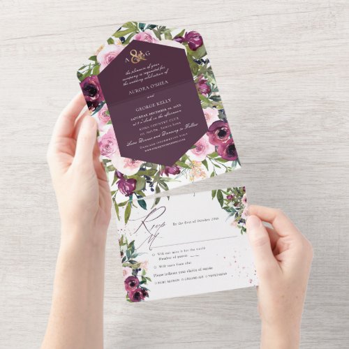 PixDezines Boho Burgundy Pink Peonies All In One Invitation