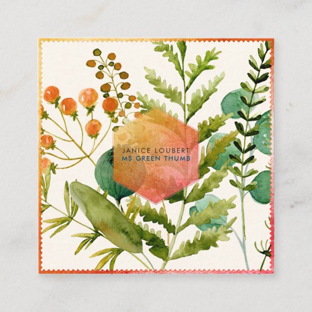 PixDezines Botanical Watercolor, Poppies+Ferns Square Business Card (Front)