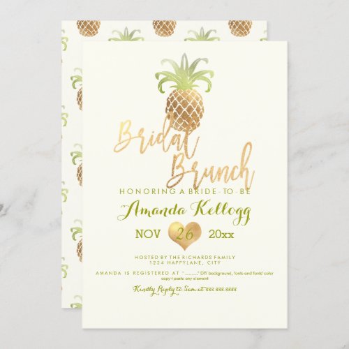 PixDezines Bridal BrunchFaux GoldPineapples Invitation