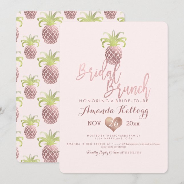 PixDezines Bridal Brunch/Faux Rose Gold/Pineapples Invitation (Front/Back)