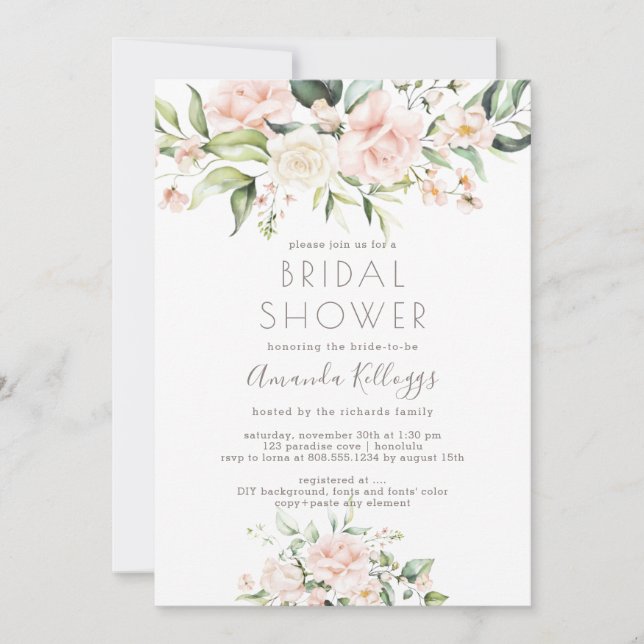 PixDezines Bridal Shower H2 Blush Cream Roses Invitation (Front)