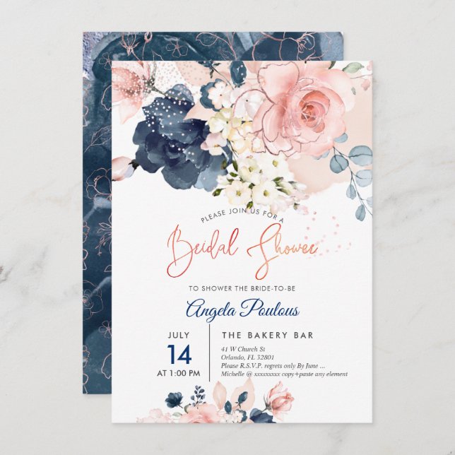 PixDezines Bridal Shower Navy Blush H2 flowers Invitation (Front/Back)