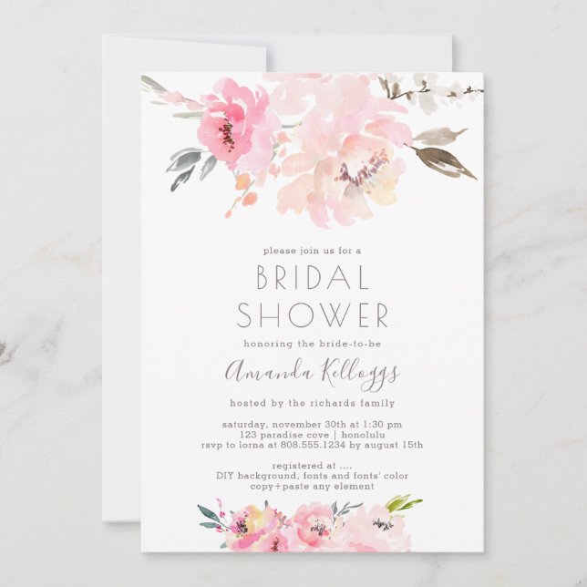 PixDezines Bridal Shower Watercolor Blush Peonies Invitation (Front)