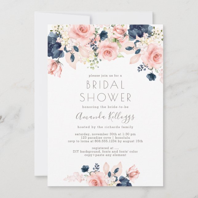 PixDezines Bridal Shower Watercolor Navy Roses Invitation (Front)