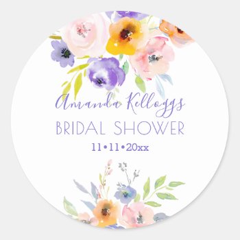 Pixdezines Bridal Shower Watercolor Spring Peonies Classic Round Sticker by custom_stationery at Zazzle