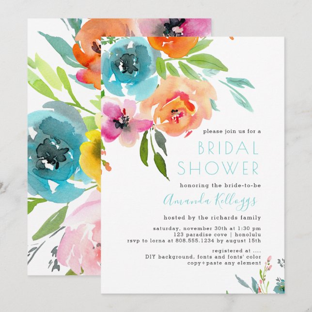 PixDezines Bridal Shower Watercolor Summer Floral Invitation (Front/Back)