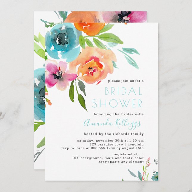 PixDezines Bridal Shower Watercolor Summer Floral Invitation (Front/Back)