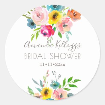 Pixdezines Bridal Shower Watercolor Summer Peonies Classic Round Sticker by custom_stationery at Zazzle
