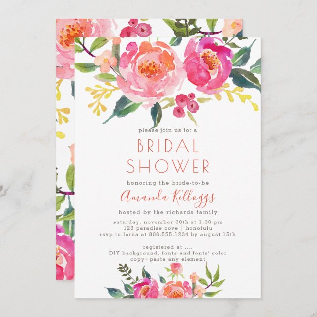 PixDezines Bridal Shower Watercolor Summer Peonies Invitation (Front/Back)