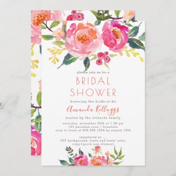 Pixdezines Bridal Shower Watercolor Summer Peonies Invitation by custom_stationery at Zazzle