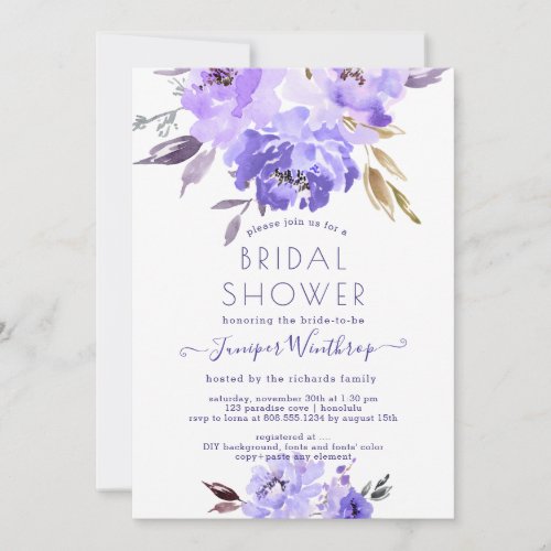 PixDezines Bridal Shower Watercolor Violet Peonies Invitation