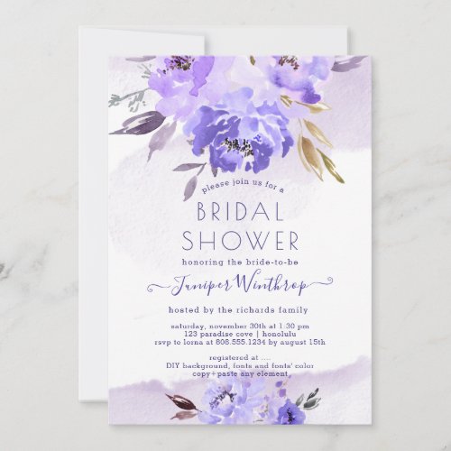 PixDezines Bridal Shower Watercolor Violet Peonies Invitation