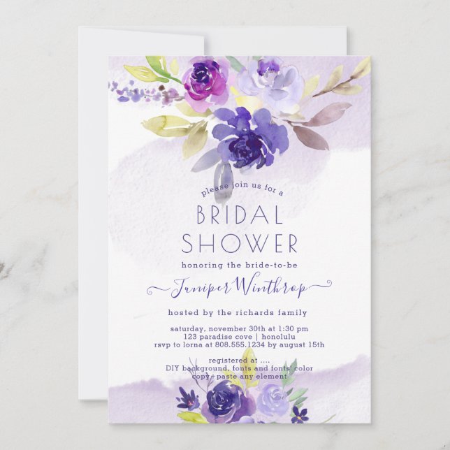 PixDezines Bridal Shower Watercolor Violet Peonies Invitation (Front)