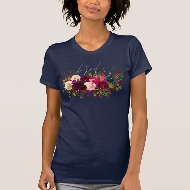 PixDezines Bride/Blush+Bordeaux Flowers T-Shirt (Front)
