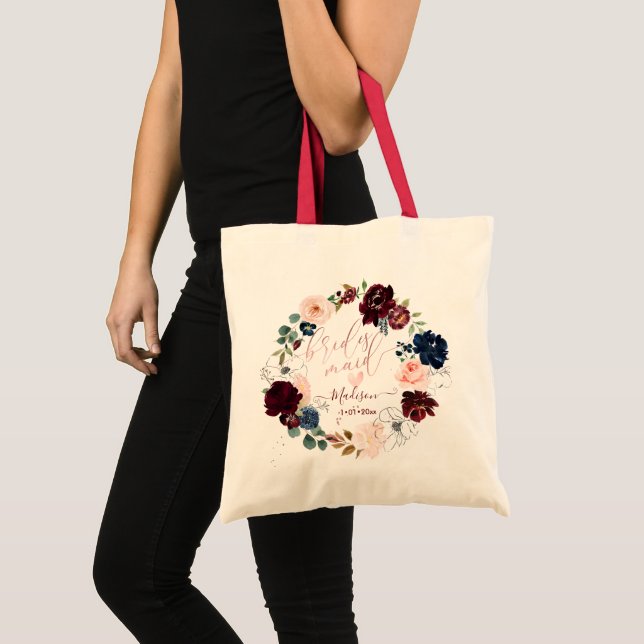 PixDezines Bridesmaid Blush Burgundy Navy Flowers Tote Bag (Front (Product))