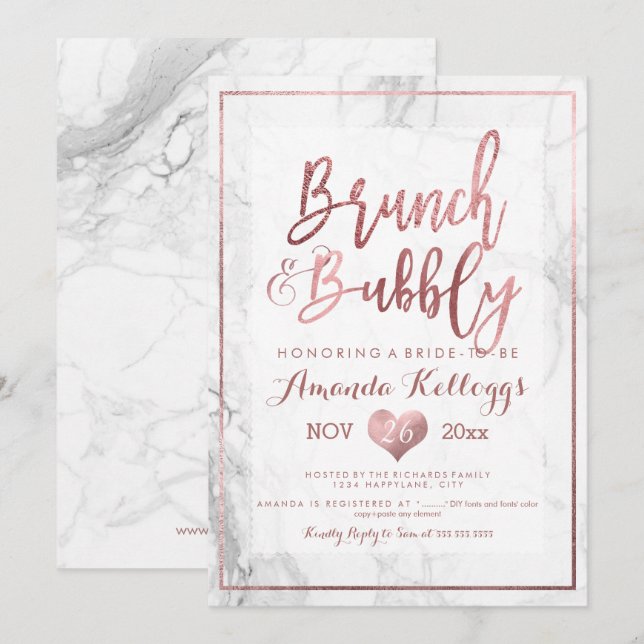 PixDezines Brunch Bubbly/Faux Rose Gold Marble Invitation (Front/Back)