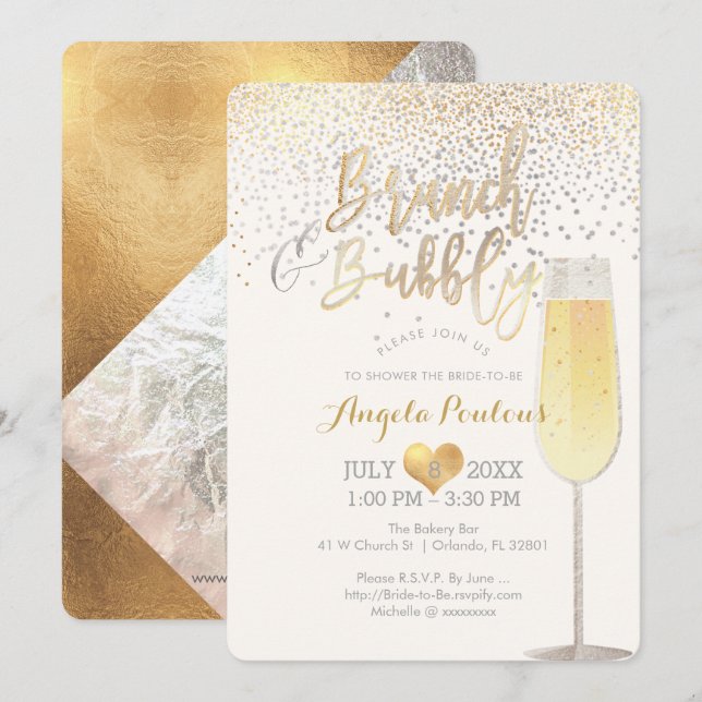 PixDezines Brunch Bubbly/Faux Silver+Gold Confetti Invitation (Front/Back)