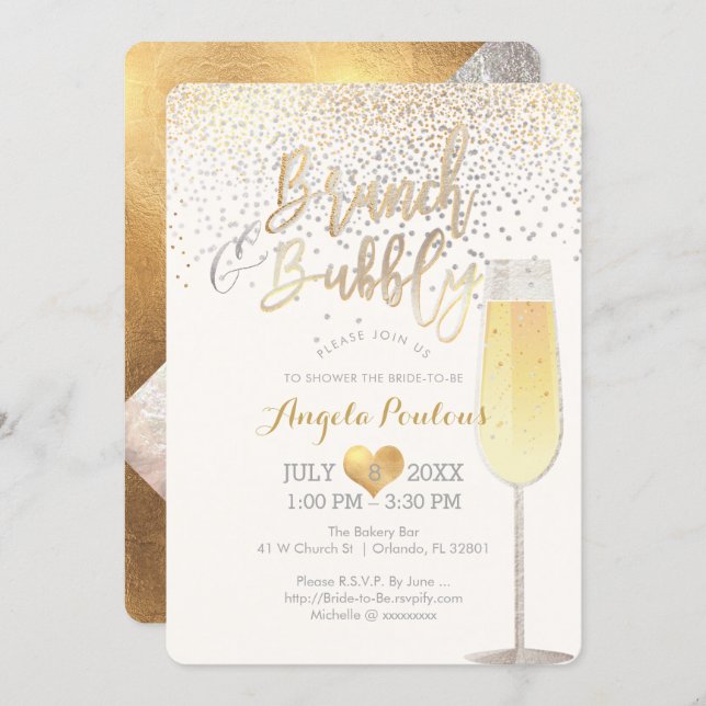 PixDezines Brunch Bubbly/Faux Silver+Gold Confetti Invitation (Front/Back)