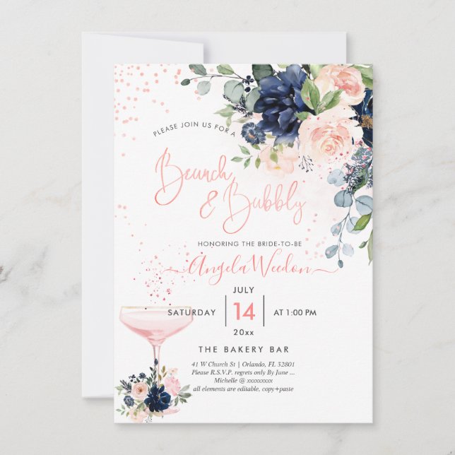 PixDezines Brunch Bubbly Navy Blush H2 flowers Inv Invitation (Front)