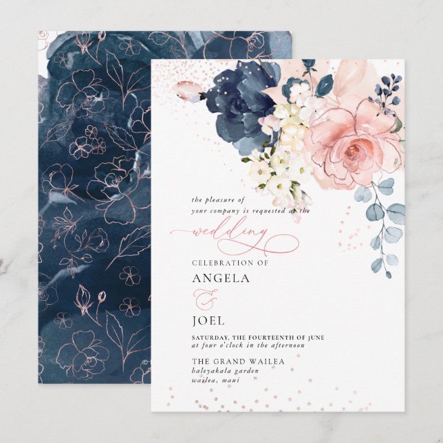 PixDezines Brunch Bubbly Navy Blush H2 flowers Inv Invitation (Front/Back)