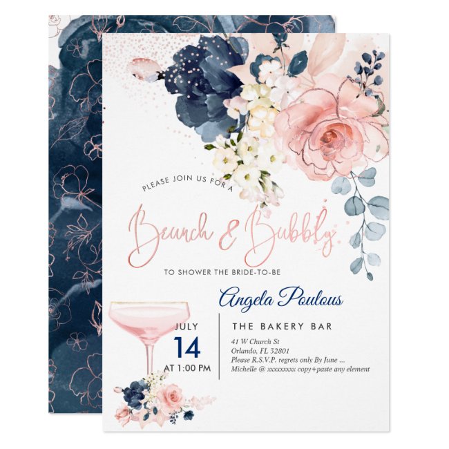 PixDezines Brunch Bubbly Navy Blush H2 flowers Invitation