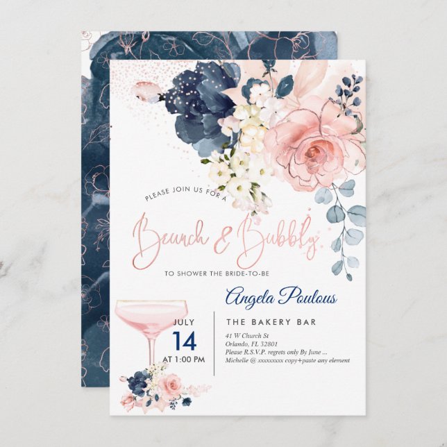 PixDezines Brunch Bubbly Navy Blush H2 flowers Invitation (Front/Back)