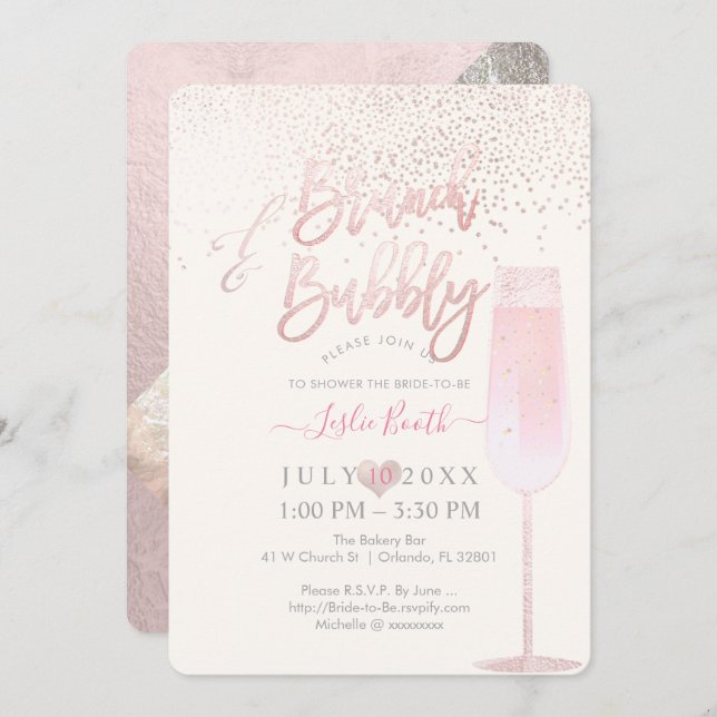 PixDezines Brunch Bubbly/Pink Champagne Confetti Invitation (Front/Back)