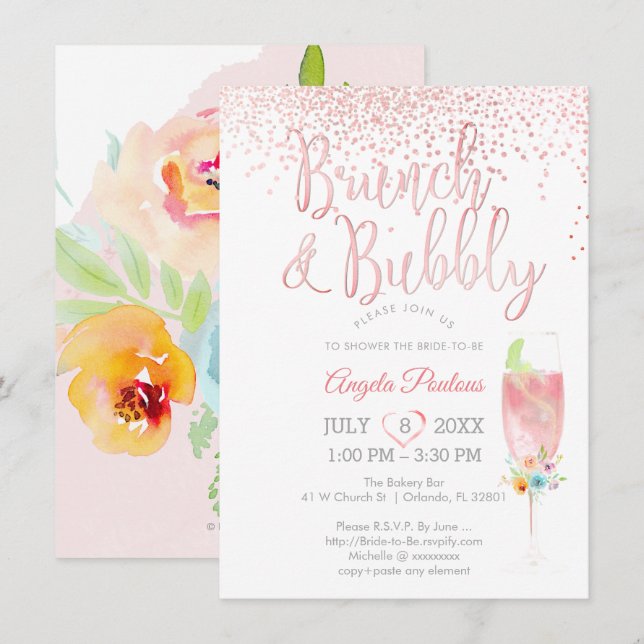 PixDezines Brunch Bubbly/Pink+Silver Confetti Invitation (Front/Back)