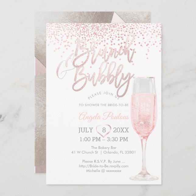 PixDezines Brunch Bubbly/Pink+Silver Confetti Invitation (Front/Back)