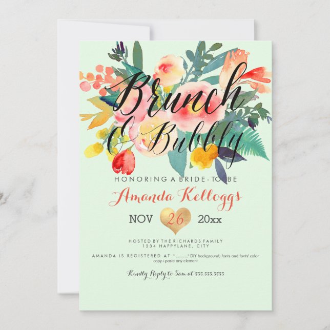 PixDezines Brunch & Bubbly Spring Floral/Coral+Min Invitation (Front)