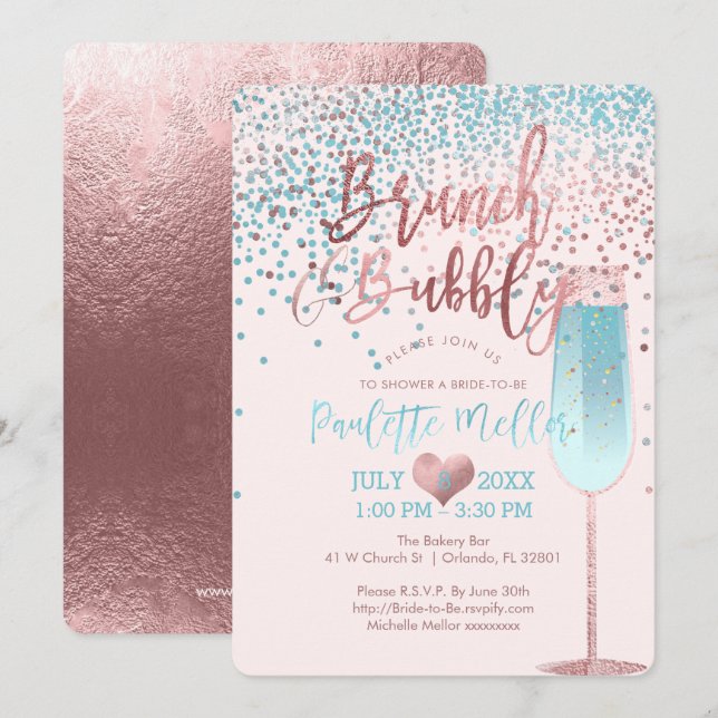PixDezines Brunch N Bubbly/Rose Gold/Blue Confetti Invitation (Front/Back)