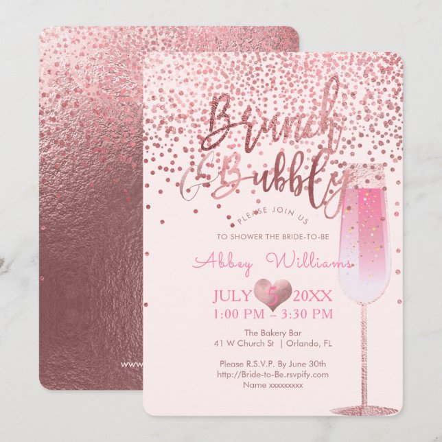 PixDezines Brunch N Bubbly/Rose Gold/Confetti Invitation (Front/Back)