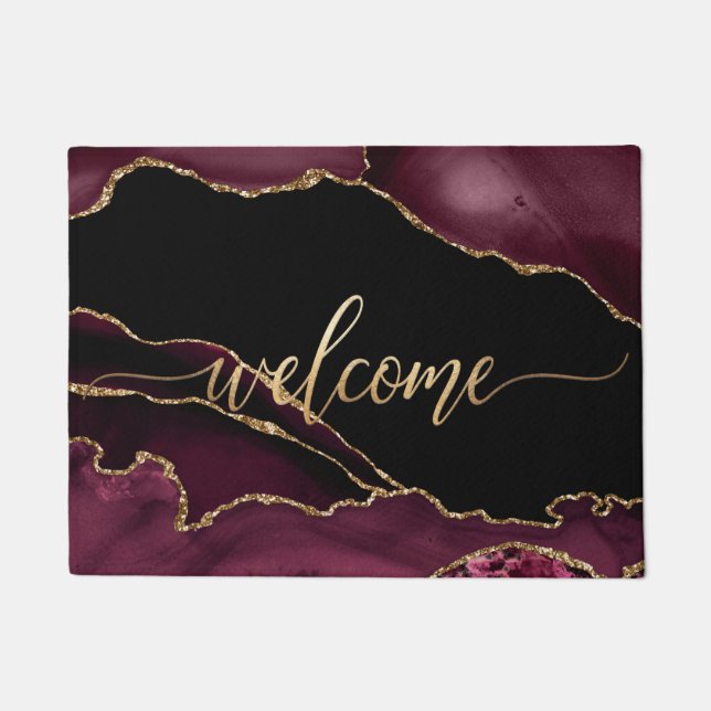 PixDezines BURGUNDY AGATE FAUX GOLD VEINS, WELCOME Doormat (Front)