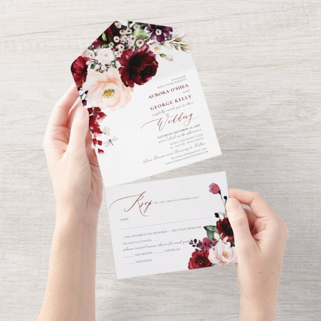 PixDezines Burgundy Blush H2 Flowers All In One Invitation (Tearaway)