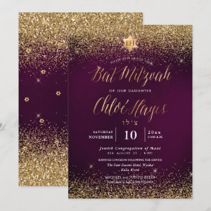PixDezines Burgundy Gold Glitter Bat Mitzvah Invitation