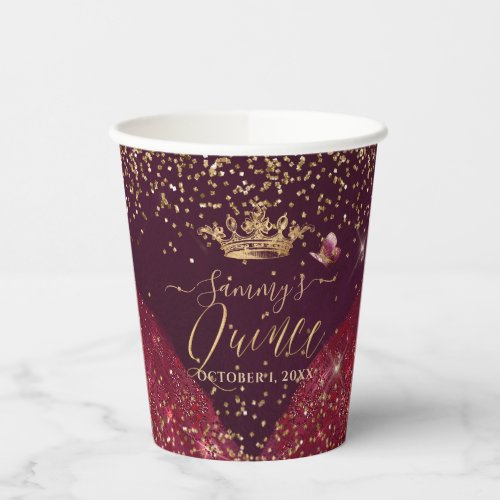 PixDezines Burgundy Gold Quinceanera Dress  Paper Cups