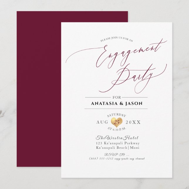 PixDezines Burgundy Luxe Calligraphy Engagement Invitation (Front/Back)