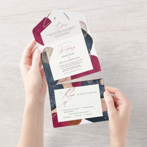 PixDezines Burgundy Navy Modern Abstract Shapes All In One Invitation