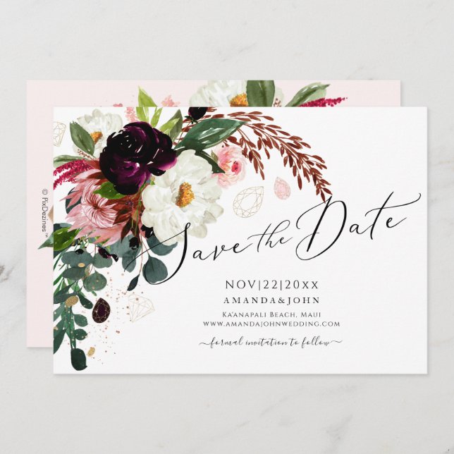 PixDezines Burgundy Rustic Bloom, Save the Date Invitation (Front/Back)