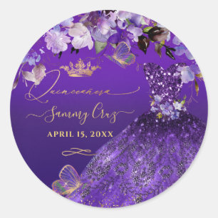 PixDezines Butterflies Quinceanera, Dark Purple In Classic Round Sticker