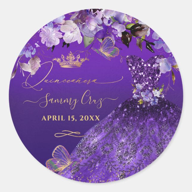 PixDezines Butterflies Quinceanera, Dark Purple In Classic Round Sticker (Front)
