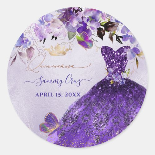 PixDezines Butterflies Quinceanera Dark Purple In Classic Round Sticker